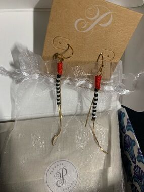 Plunder Gold Drop Earrings with Black, White & Red Thread